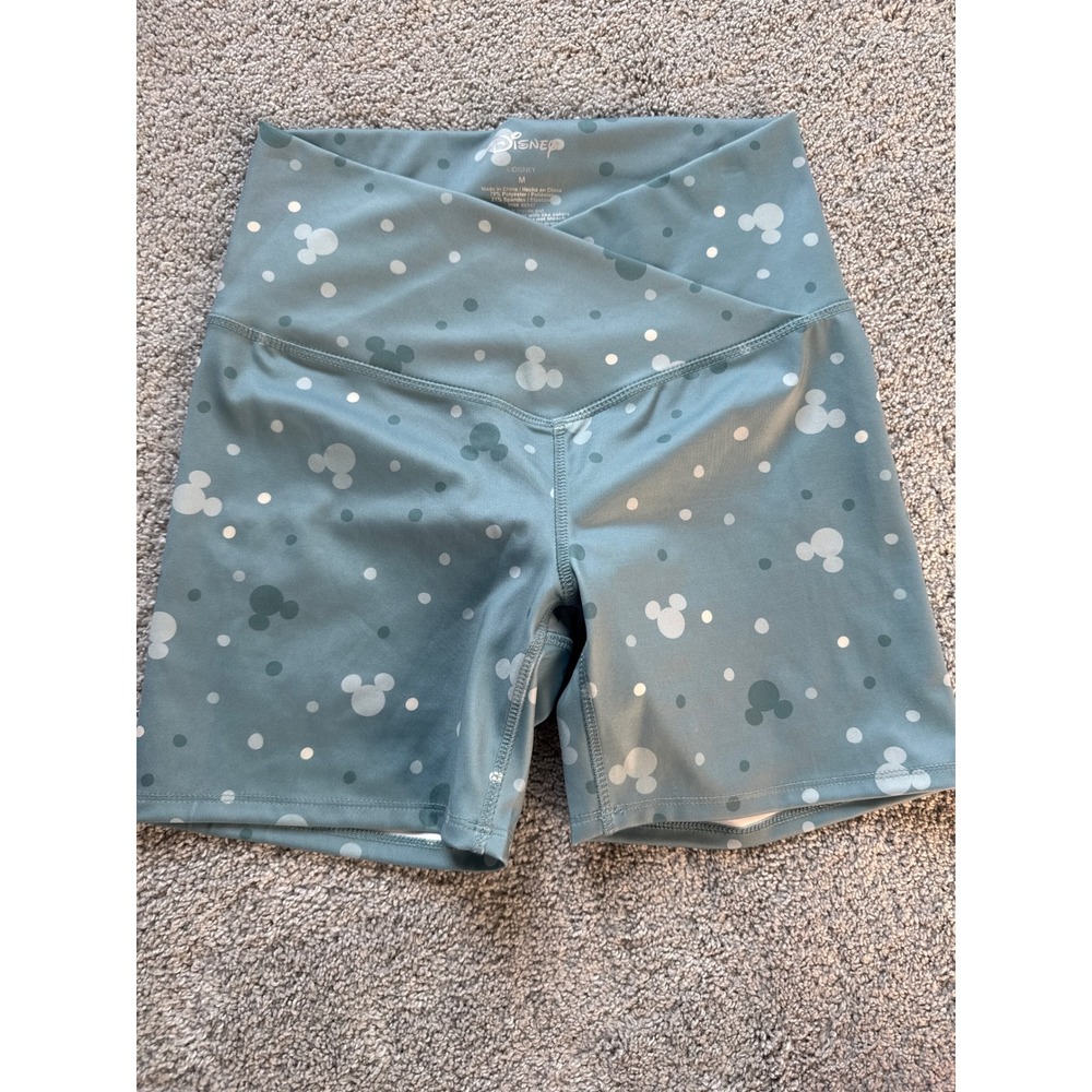Disney Mickey Mouse Crossover Waist Biker Shorts Sage Green Polka Dot Medium 5"